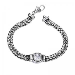 925 Sterling Silver Foxtail Link Chain Bracelet with Crystal White Stone and Antique Silver Finish