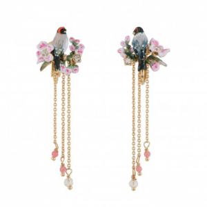Enameled flowers birds stud earrings with tassels gold plated 925 sterling silver China jewelry supplier factory
