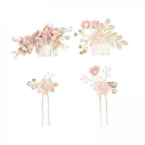 Flower Hairpins Gold Plated With White Stones And Plastic Pearls