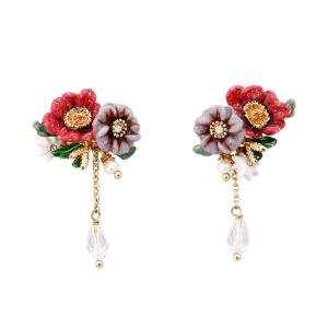 Enameled flowers stud earrings with tassel gold plated 925 sterling silver China jewelry manufacturer