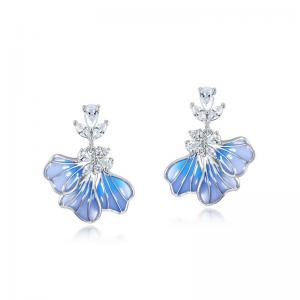 Iris Petal Flower Dangle Earrings: 925 Sterling Silver with Light Blue Enamel and Crystal White Stones