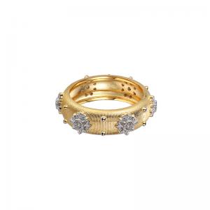 Silver Band Ring with Delicate Stone Flowers and Gold-Plated Finish