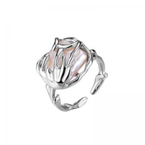 Adjustable Band Rings Irregular Textured With Pearl 925 Sterling Silver Jewelry 48-J1304