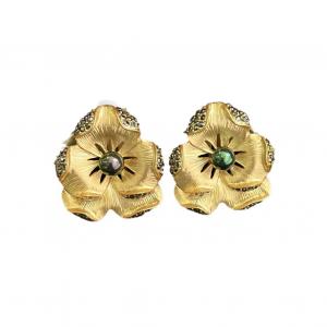 Gold Plated Flower Stud Earrings with Pave Hematite Stones Vintage Fashion Jewelry